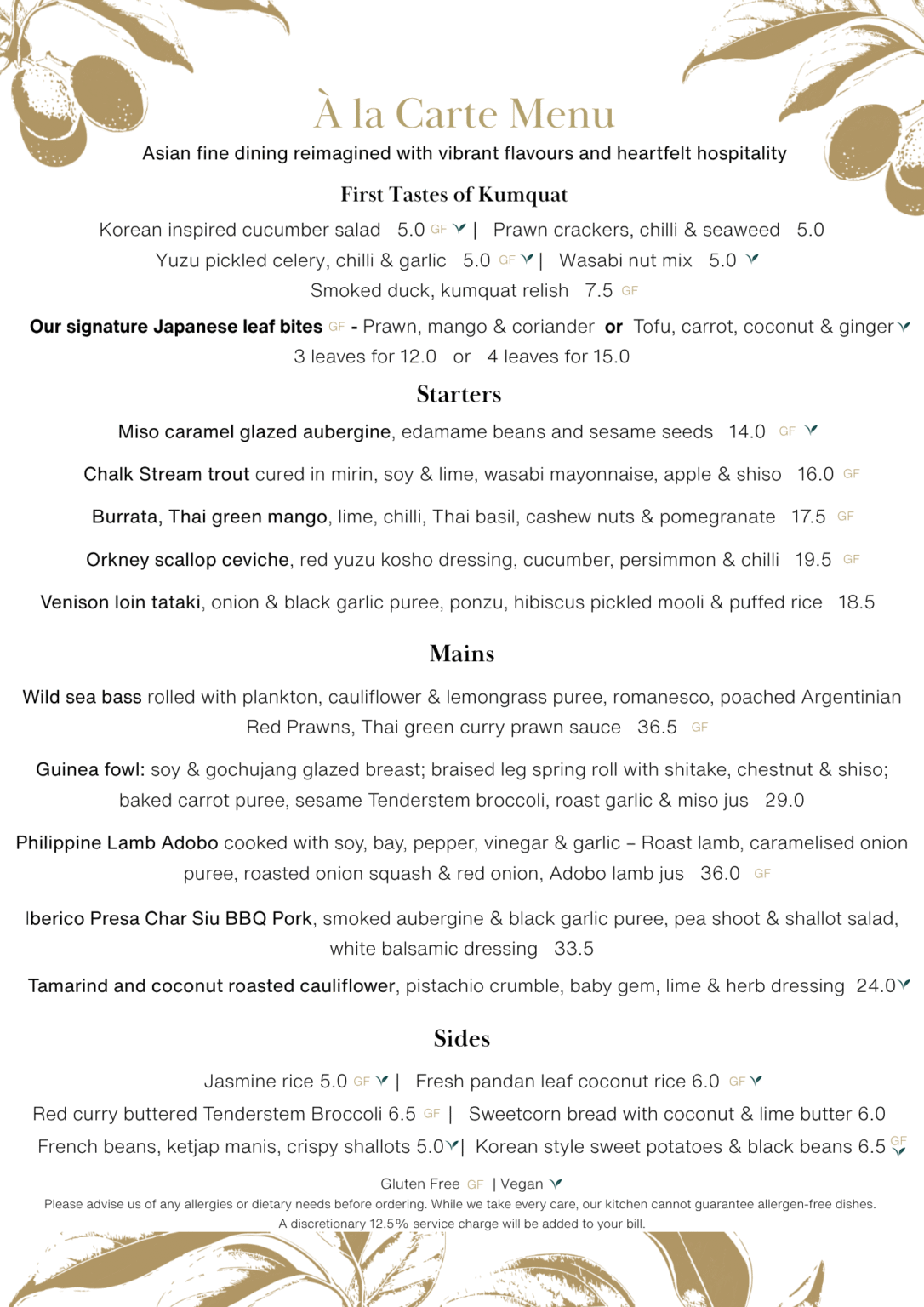 A la Carte Menu