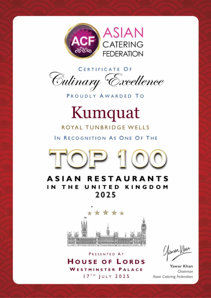 Honoured among the top 100 Asian restaurants in the UK for quality, consistency, and culinary excellence by the Asian Catering Federation.