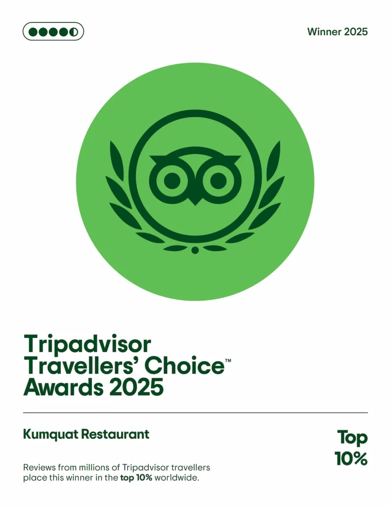 Based entirely on guest feedback, this award places Kumquat among the top 10% of restaurants worldwide, a reflection of heartfelt experiences shared by our visitors.
